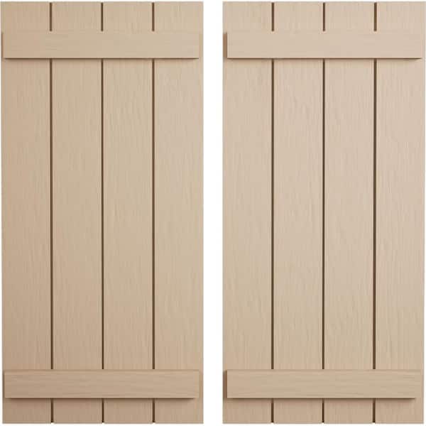 Ekena Millwork 22 in. x 28 in. Timberthane Polyurethane 4-Board Joined Board-n-Batten Rough Sawn Faux Wood Shutters Pair