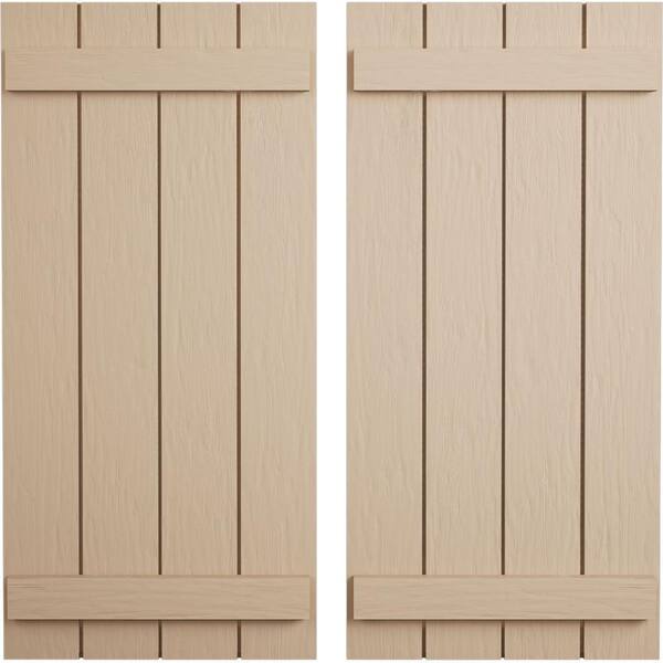 Ekena Millwork 22 in. x 40 in. Timberthane Polyurethane 4-Board Joined Board-n-Batten Rough Sawn Faux Wood Shutters Pair