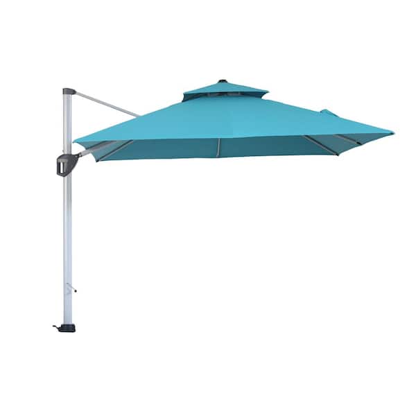 Clihome 10 ft. Outdoor Lake Blue Patio Cantilever Square Umbrella with Protective Cover 360° Rotating Foot Pedal