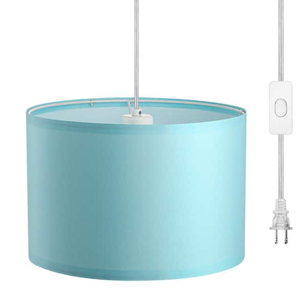 15 ft. 1-Light Beige Plug in Pendant Light with Clear Cord and Blue Lampshade, On/Off Switch