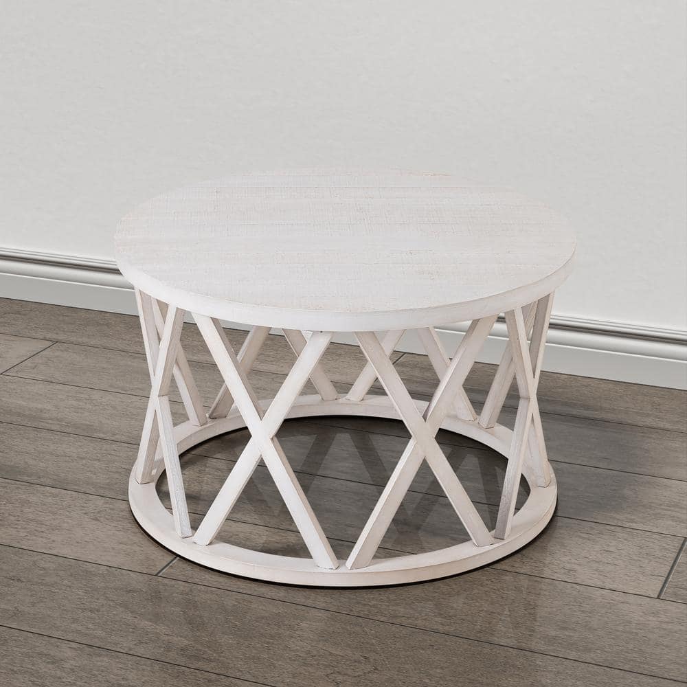 Antique White Round Wood Coffee Table with X-Motifs