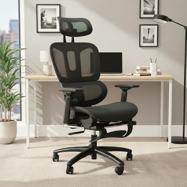 Sealy Huxley Mesh Headrest and Footrest Ergonomic Swivel Office Chair in Black with Adjustable Arms