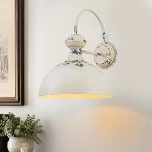 13.78 in. 1-Light Farmhouse Distressed White Wall Sconce with Dome Metal Shade for Bedroom Bathroom Hallway