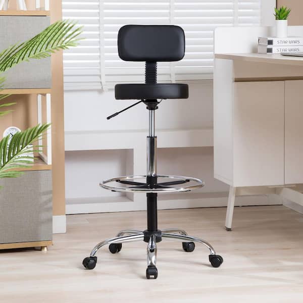 HOMESTOCK Black Faux Leather Drafting Stool for Office, Studio, Adjustable Height with Backrest and Rolling Wheels