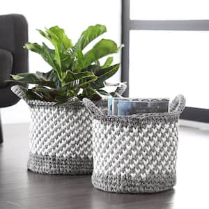 Large Round Checkered Black Mesh and White Cotton Rope Baskets (Set of 2)