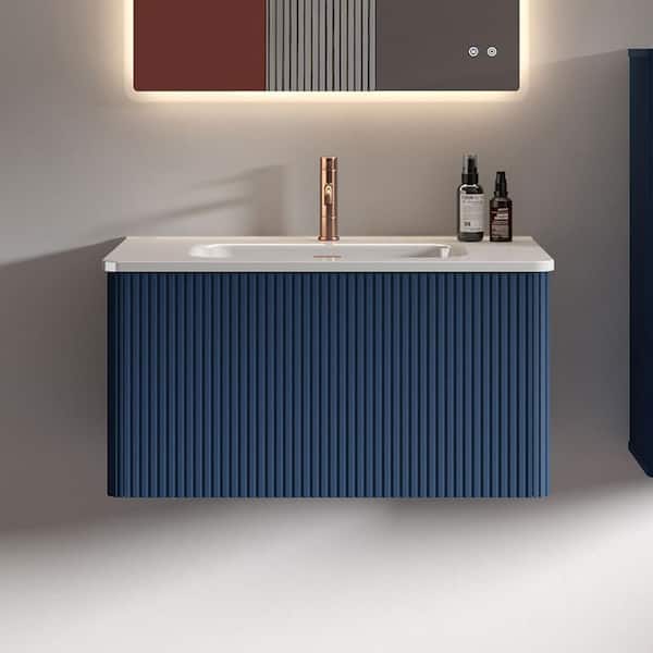 Staykiwi 30 in. W x 18 in. D x 16 in. H Single Sink Wall Mounted Floating Bath Vanity in Navy with White Ceramic Top