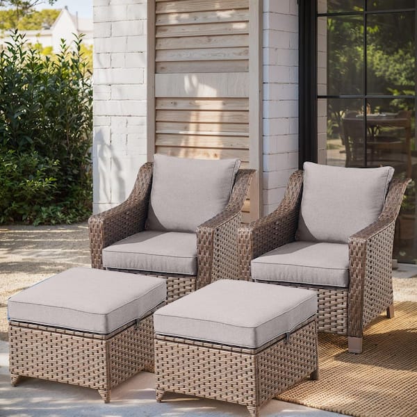 moosprr 4-Piece Brown Wicker Patio Conversation Set with Gray Olefin Cushions and 4 in. Wide Armrest/Lounge Chairs