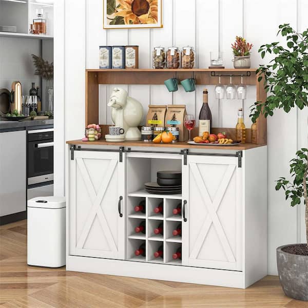 9-Bottle White 47.5 in. Farmhouse Coffee Bar Cabinet with Charging Station Glass Cup Holders Hutch
