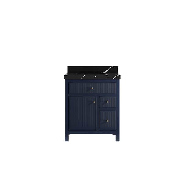 Willow Collections Sonoma 30 in. Single Sink Freestanding Navy Blue Bath Vanity with Calacatta Black Quartz Top Unassembled