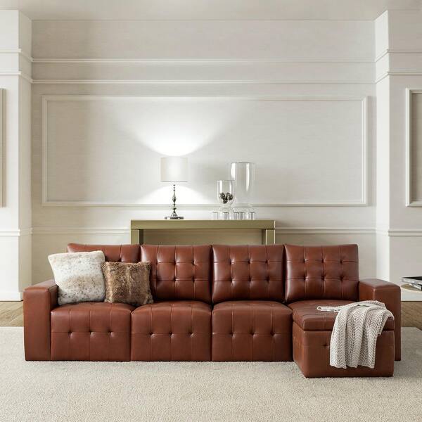 Jayden Creation Nuria 87 in. Wide Brown Leather Sofa with Removable Back Cushions