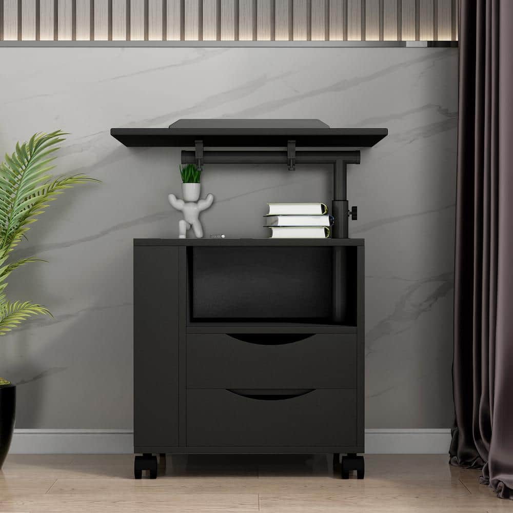 2 of Drawers Black Nightstand with Height Adjustable Open Shelf (18.31 in. 