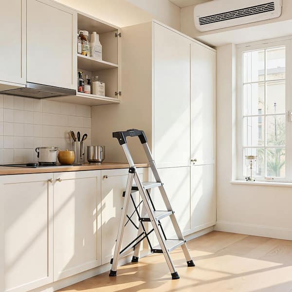 Aluminum 3 Step Ladder 8 ft. Folding Step Stool with Handgrip Anti-Slip Pedals 330 lbs. Capacity, Silver, 2025 Update