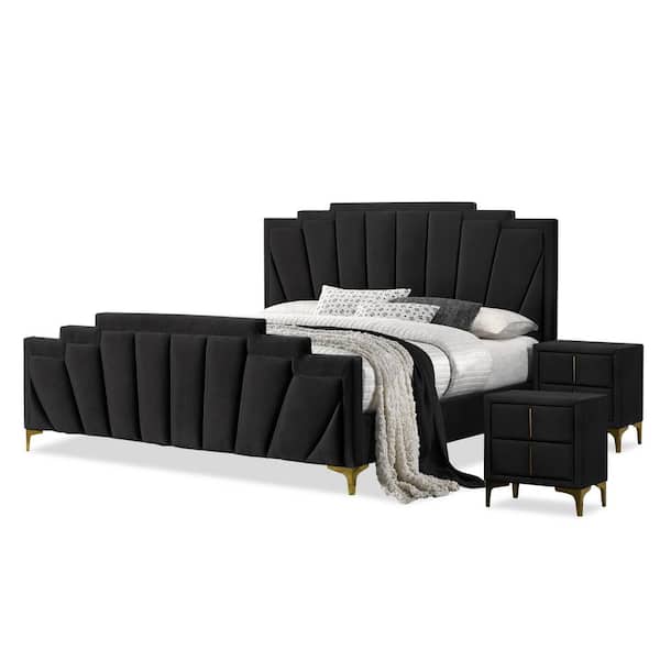 Furniture of America Cedarbrook 3-Piece Art Deco Black Upholstered Metal King Bedroom Set with 2-Nightstands