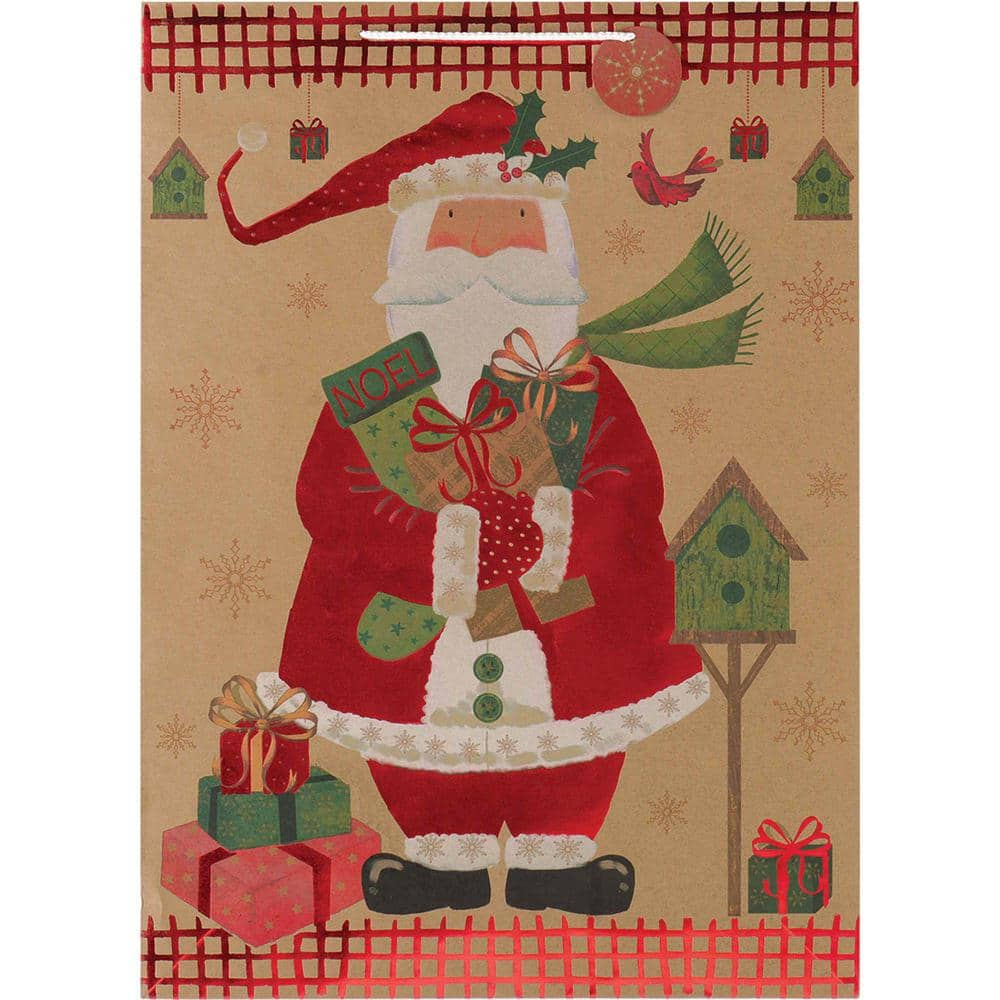 Amscan 28 in. x 20 in. x 7 in. Santa Hot Stamped Jumbo Kraft Bags (5 ...