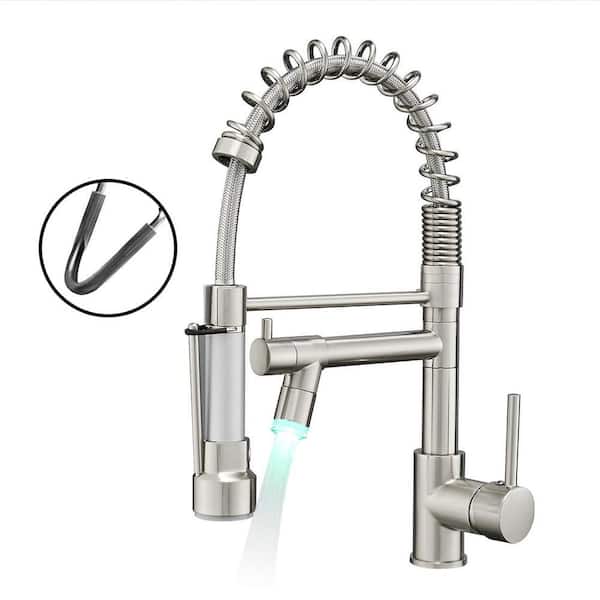 Contemporary Single Handle Spring Pull Down Sprayer Kitchen Faucet with LED in Brushed Nickel
