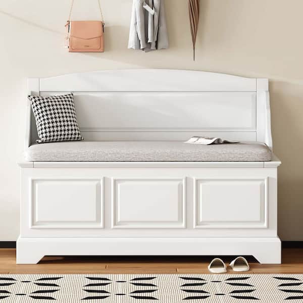 30 in. H x 41 in. W White Wood Shoe Storage Bench with 2 Hidden Storage and Cushion, Entryway Bench with Cushion