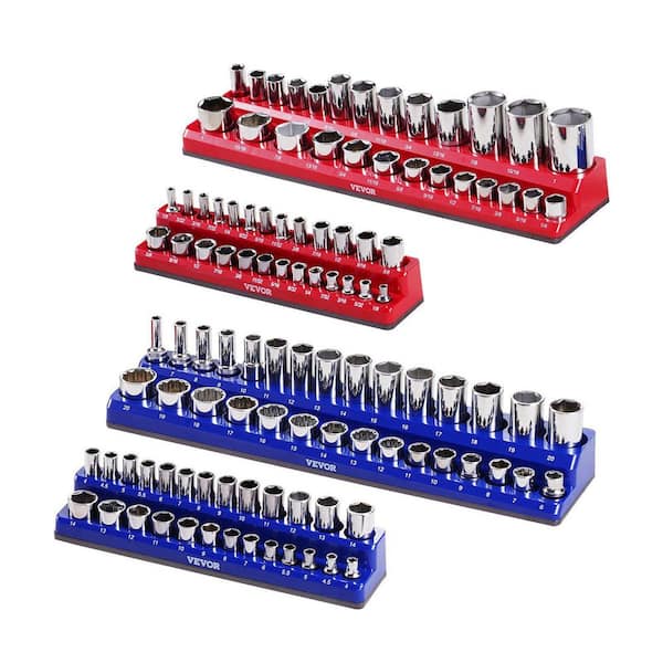 4-Pieces Socket Trays Blue and Red for Metric SAE,Magnetic Socket Organizer Set