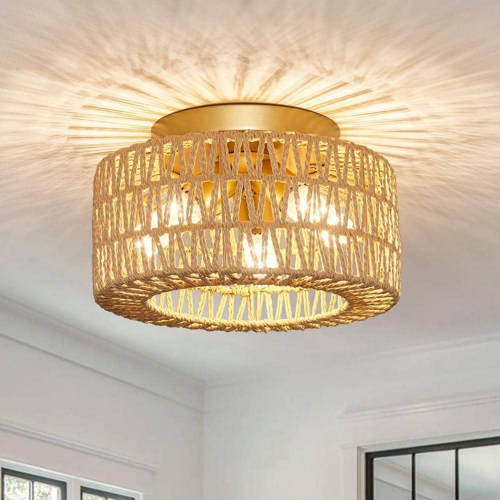 YANSUN 11.8 in. 3-Light Gold Rattan Flush Mount Ceiling Light with Hand ...