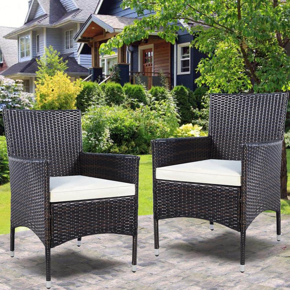 Modern Black Wicker Dining Armchairs with White Cushions