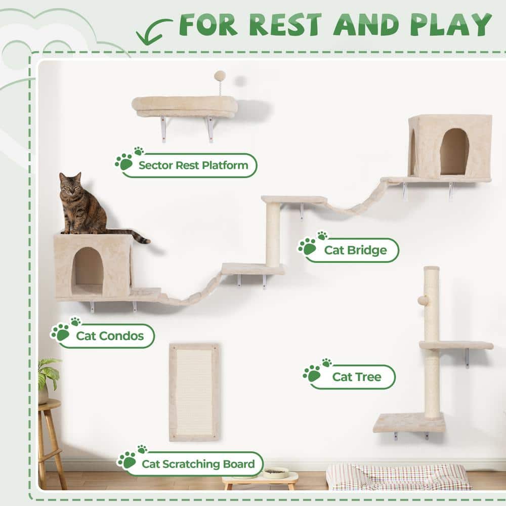 Beige Sisal Wall Mounted Cat Climber Set with Condos and Perches