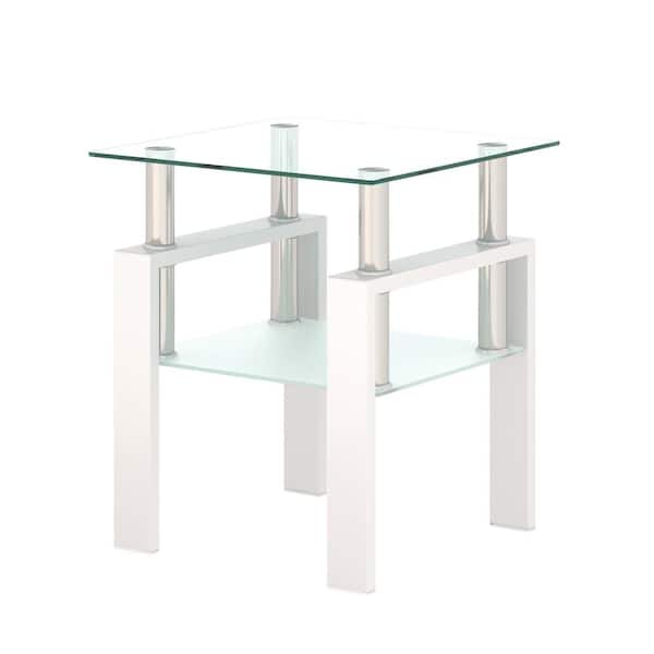 Angel Sar 1-Piece 17.72 in. Modern Square Tempered Glass End Table with Metal Leg for Living Room, Transparent and White