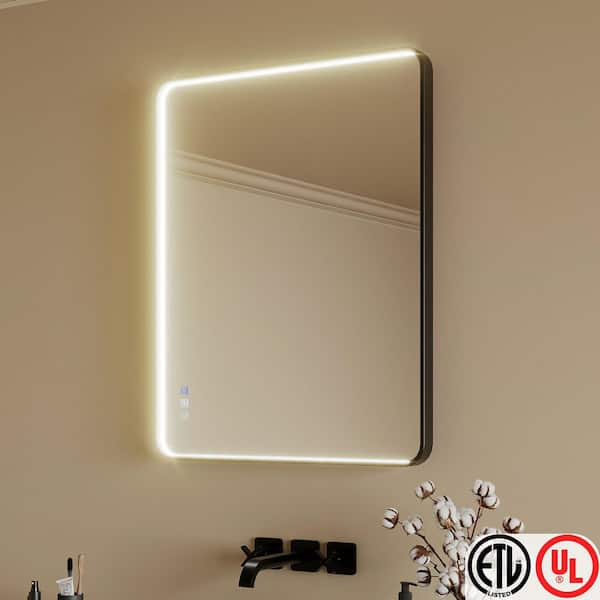 28 in. W x 36 in. H Rectangular Aluminum Framed Light Dimmable Anti-Fog LED Wall Bathroom Vanity Mirror in Black