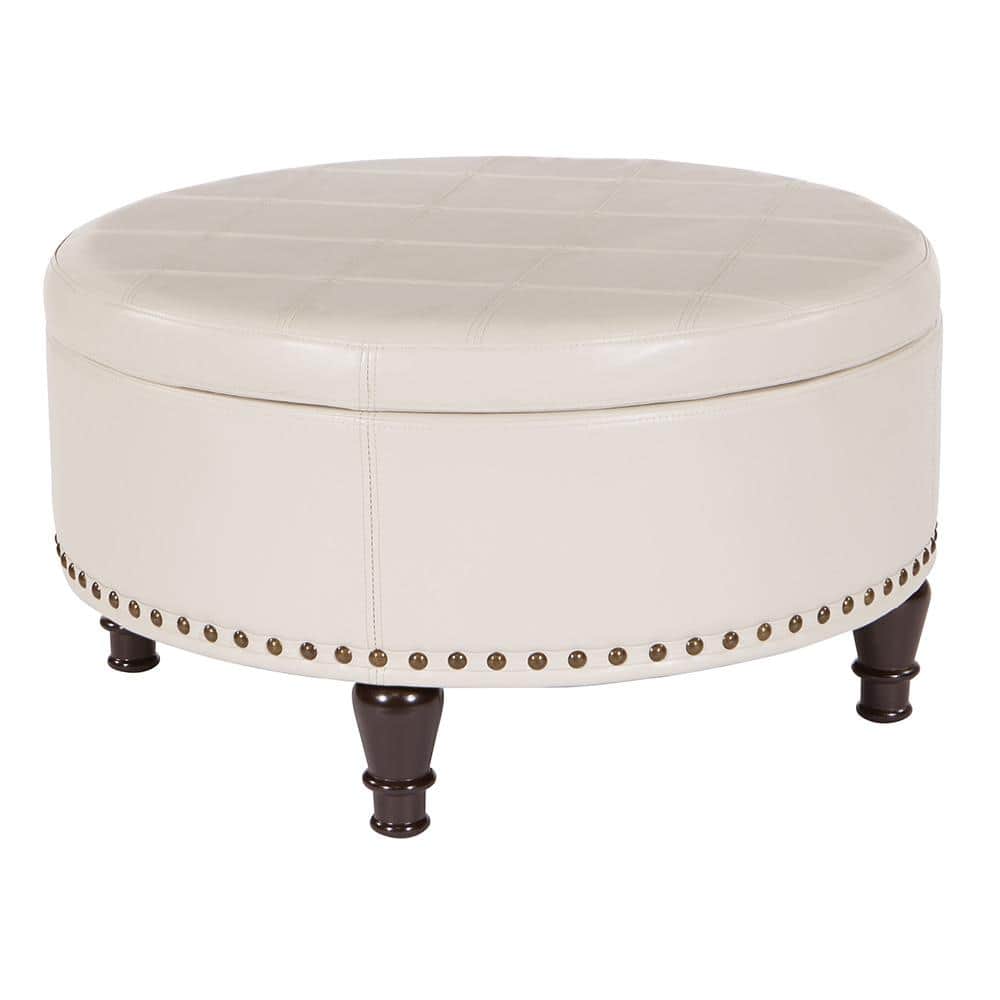Augusta 33'' Round Storage Ottoman in Luxe Red Bonded Leather with Nailhead Accents