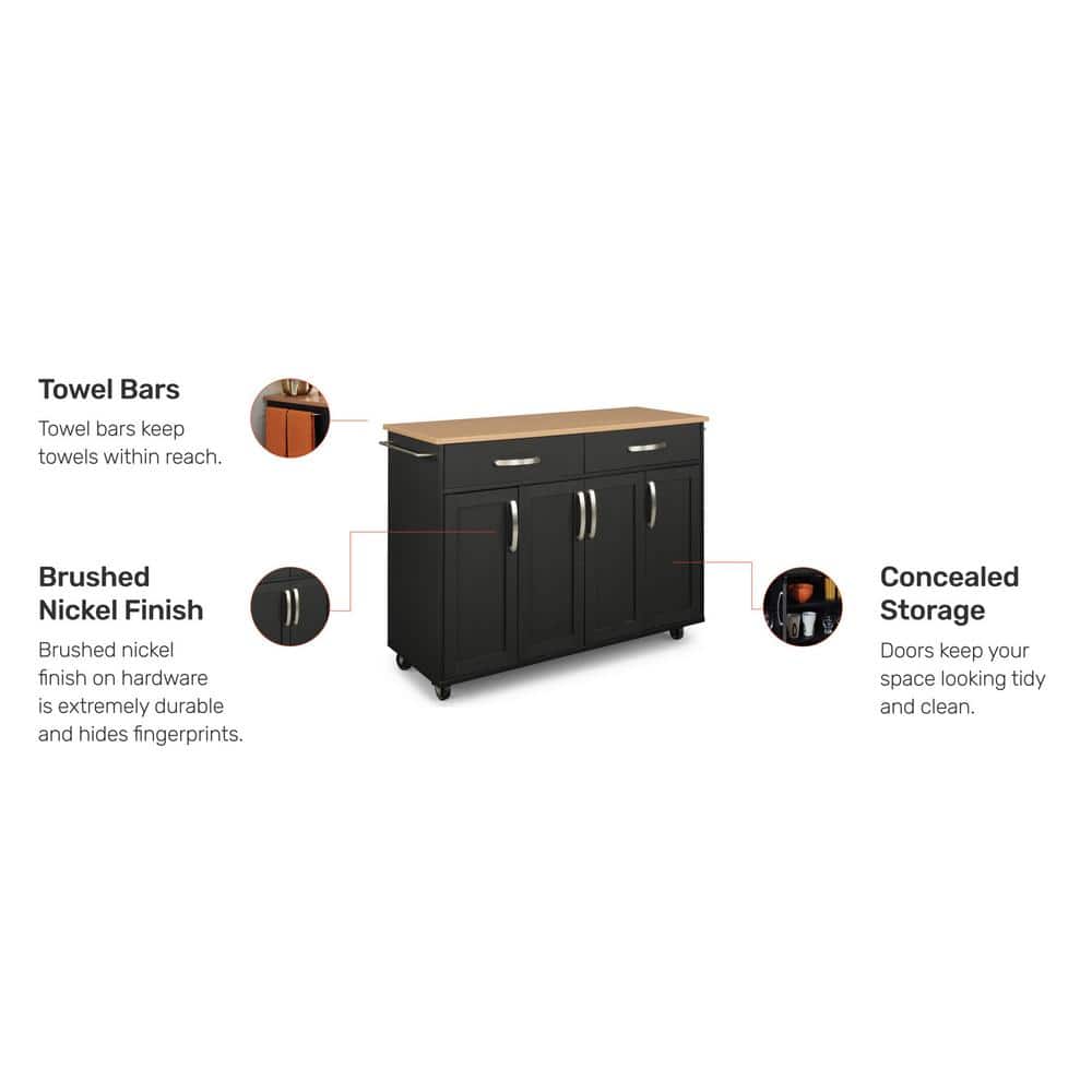 Black Wood Kitchen Cart with Natural Laminate Top and Storage