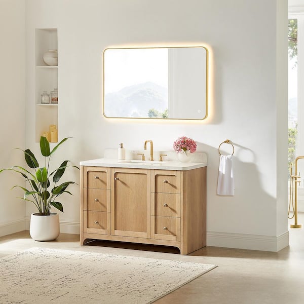 Milner 48 in. Single Freestanding Brushed Oak Bath Vanity with Grain White Engineered Stone Top Assembled