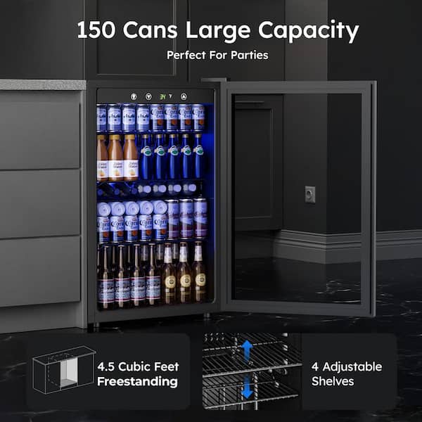 20 in Single Zone 150-Cans Freestanding Beverage Refrigerator Cooler Fridge in Black, Adjustable Shelves