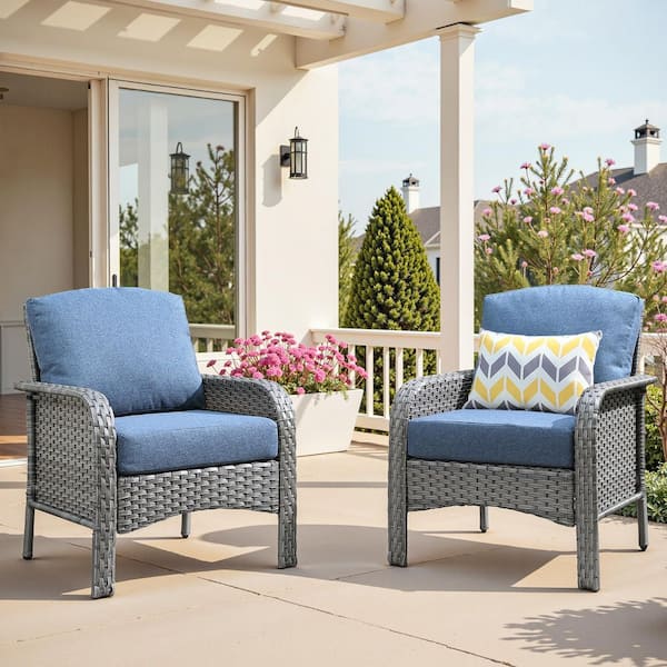 Gray Wicker Single Outdoor Lounge Chair Patio Single Dinging Chair with Denim Blue Cushion for Deck, Porch (2-Pack)