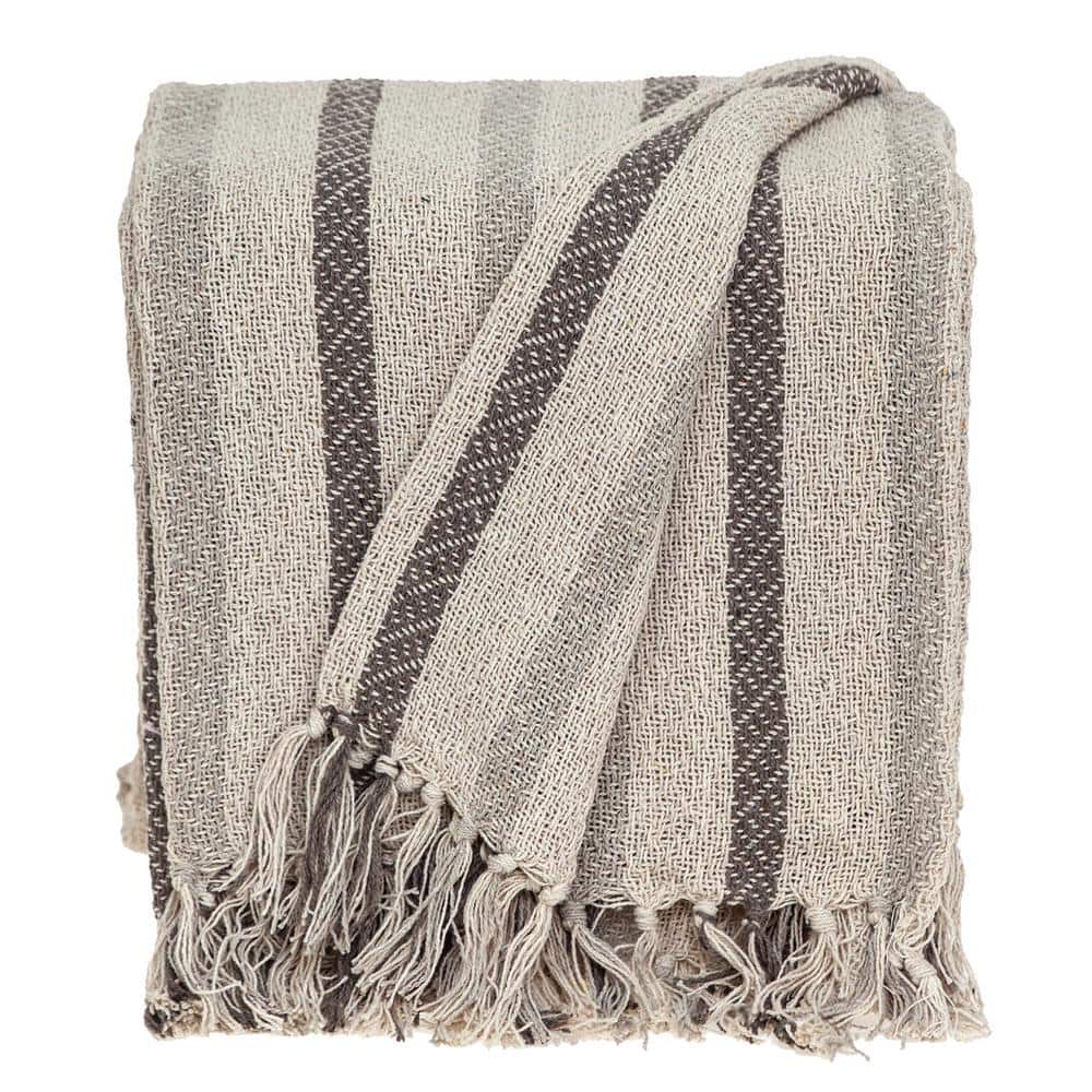 Beige and Taupe Woven Handloom Cotton Throw Blanket with Tassels