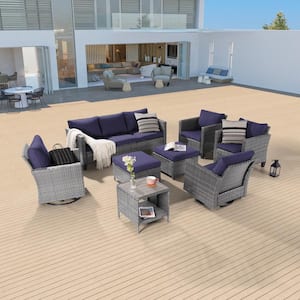 8-Piece Patio Sofa Set Gray Wicker Outdoor Furniture Set Swivel Rocking Sofa, Navy Blue Cushions