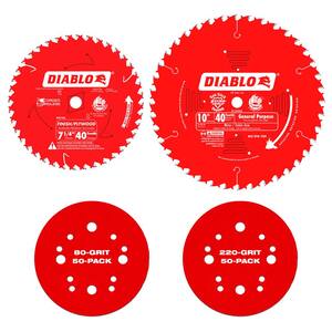 7-1/4 in. x 40-Tooth and 10 in. x 40-Tooth Circular Saw Blades, and 5 in. 80 and 220 Grit 50-Pc Sanding Discs (102-Pc)