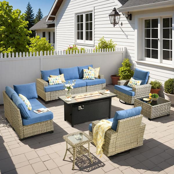 HOOOWOOO Kelleys 10-Piece Wicker Outdoor Patio Conversation Sofa Fire Pit Furniture Set with Swivel Chairs and Sky-Blue Cushions