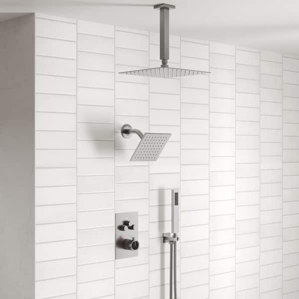7-Spray Patterns Thermostatic 12 in., 6 in. Ceiling Mount Fixed and Handheld Shower Head in Brushed Nickel