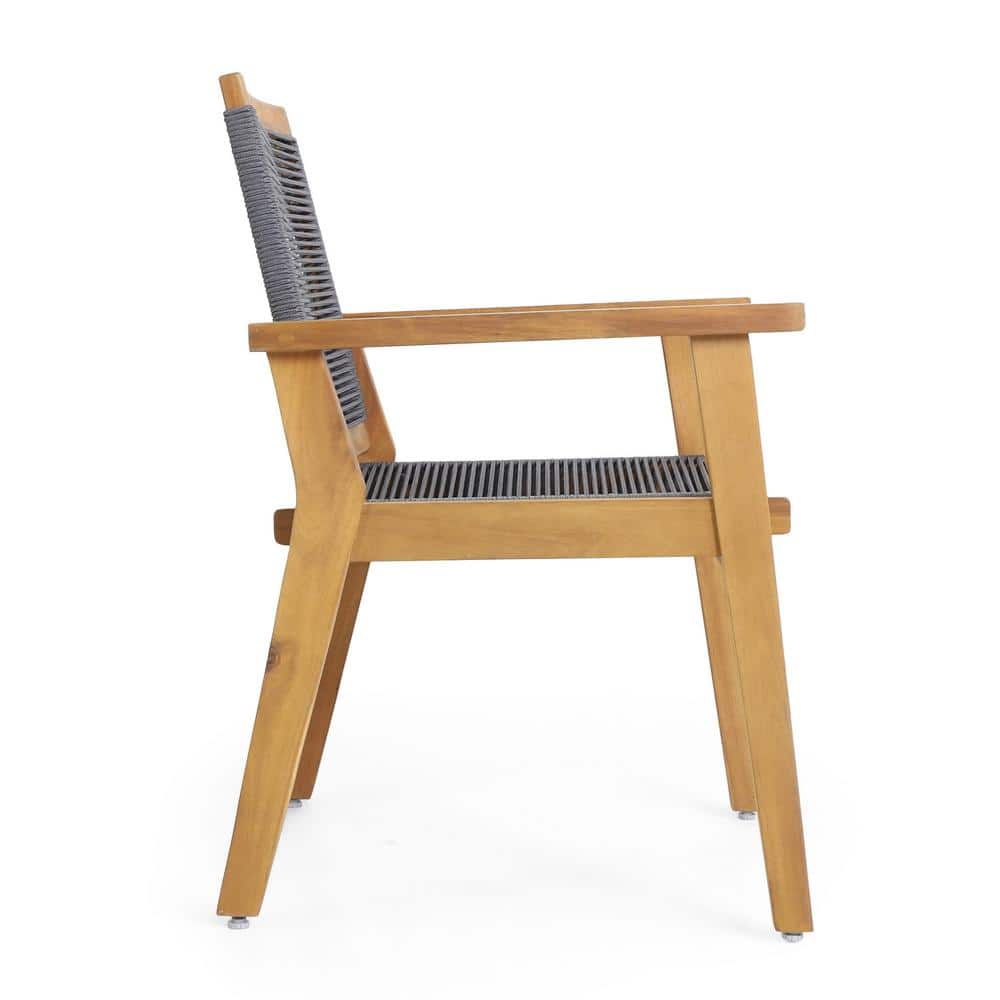 Set of 2 Teak and Dark Gray Rope Outdoor Dining Chairs