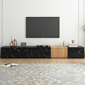 Modern Black TV Stand Fits TV's Up to 88 in. with Faux Marble and Walnut Wood Grain Finish, 4 Storage Drawers