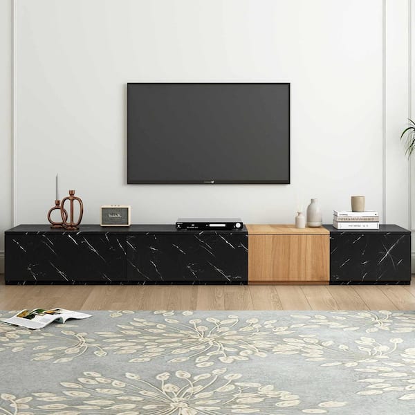 Polibi Modern Black TV Stand Fits TV's Up to 88 in. with Faux Marble and Walnut Wood Grain Finish, 4 Storage Drawers