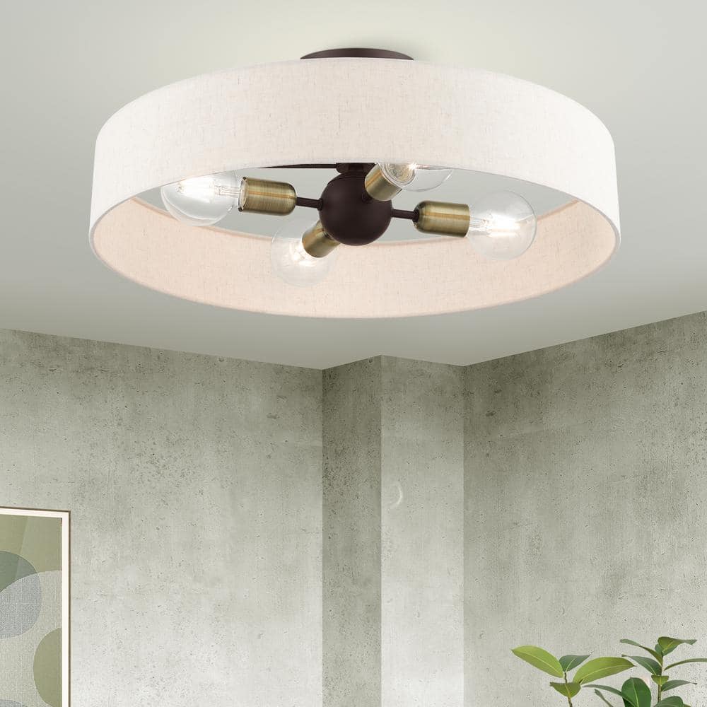 Elegant Bronze Drum Semi-Flush Mount with Oatmeal Fabric Shade