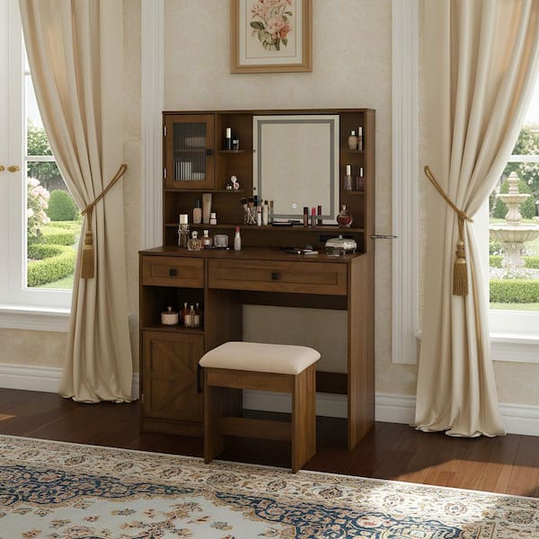 ALASO 37 in. Farmhouse Makeup Vanity Set with Lighted Mirror Power Outlets and Storage Cabinets, in Rustic Brown