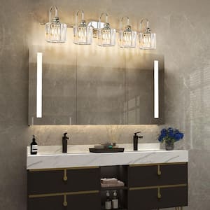 Avenlur 37.4 in. 5-Light Glam Chrome Crystal Bathroom Vanity Light Over Mirror Dimmable Linear Luxury Wall Light