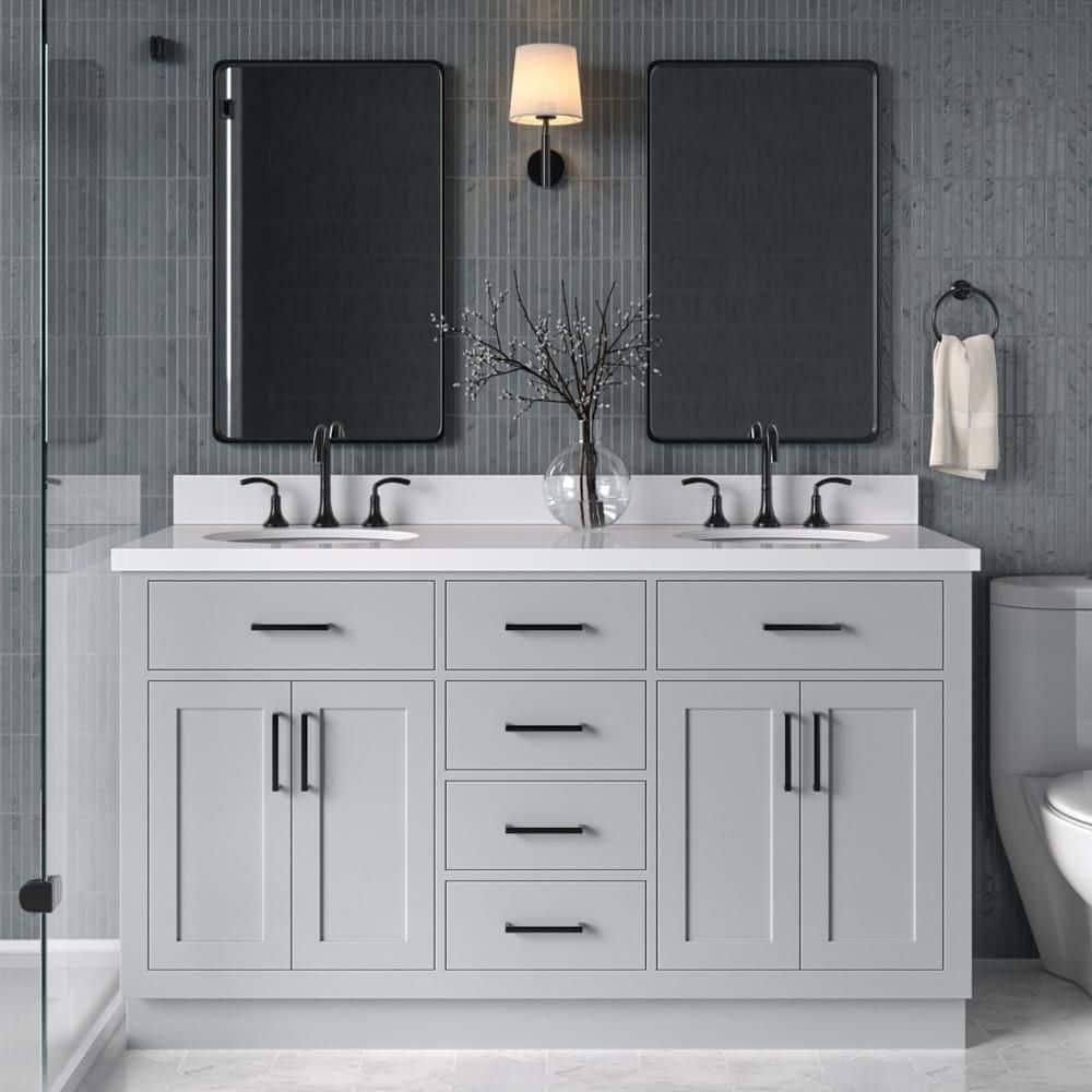 Hepburn 60 in. Double Sink Freestanding Bathroom Vanity in Gray with Pure White Quartz Top price history on PriceWatchPro