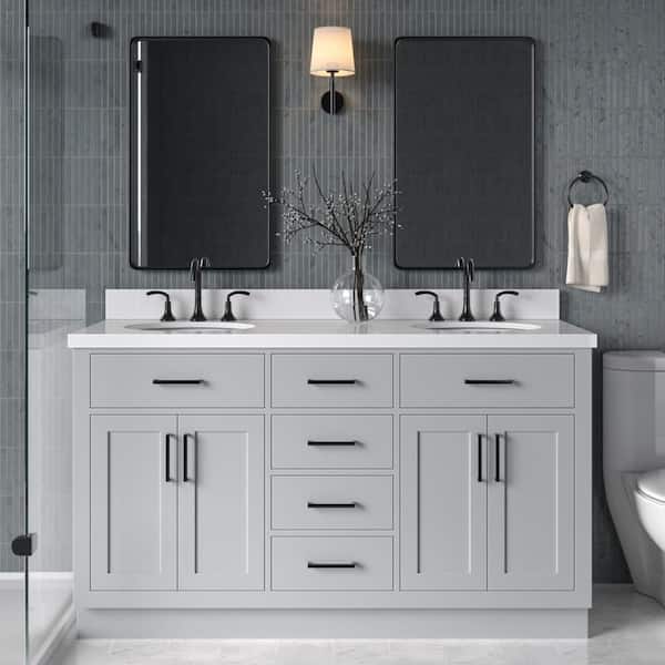 ARIEL Hepburn 61 in. W x 22 in. D x 36 in. H Bath Vanity in Grey with White Pure Quartz Vanity Top with White Basins