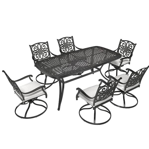 Regal Haven 7-Piece Cast Aluminum Outdoor Dining Set with Rectangle Table Swivel Dining Chair with Gray Cushions