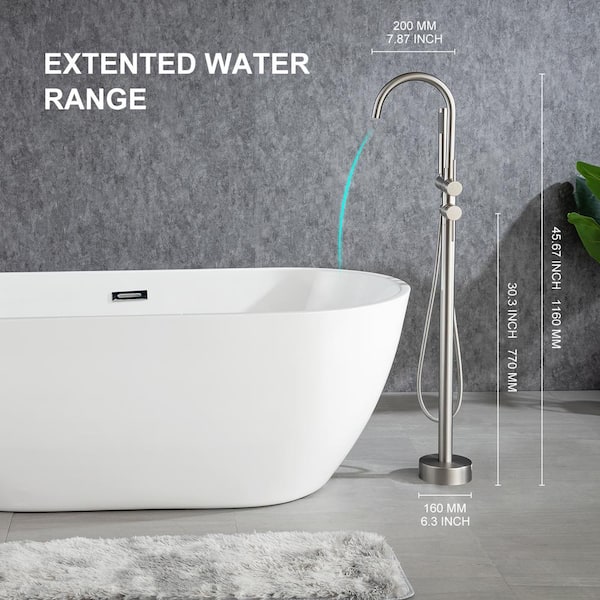 High Arc Swivel Spout Singe-Handle Floor Mount Freestanding Tub Faucet with Hand Shower in Brushed Nickel
