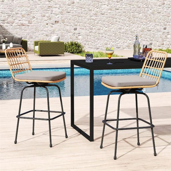 360° Swivel Metal Outdoor Bar Stool with Backrests and Footrests Soft Seat Gray Cushions (2-Pack)