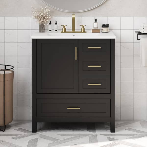 30 in. Single Sink Freestanding Black Solid Wood Frame Bath Vanity with White Ceramic Top, Removable Tray