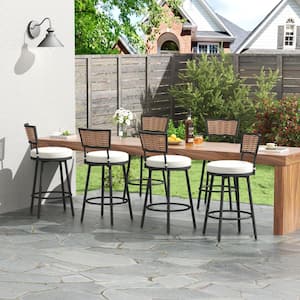 6-Piece Swivel Metal Outdoor Bar Stool Set with Rattan Backrest and Beige Cushions