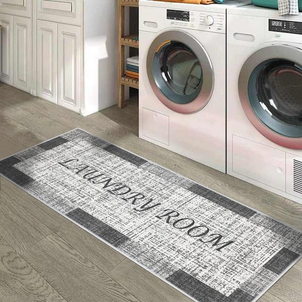 Laundry Room Gray-White 1 ft 8 in. x 4 ft 11 in. Cotton Runner Rug